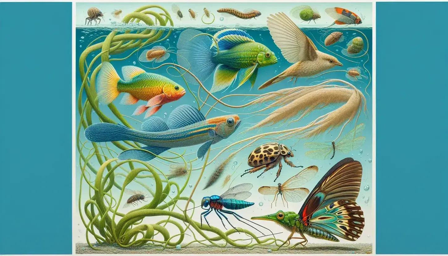 Animales diversos en hábitat acuático y aéreo con pez colorido, rana en hoja, libélula en rama y ave volando, mostrando adaptaciones respiratorias.