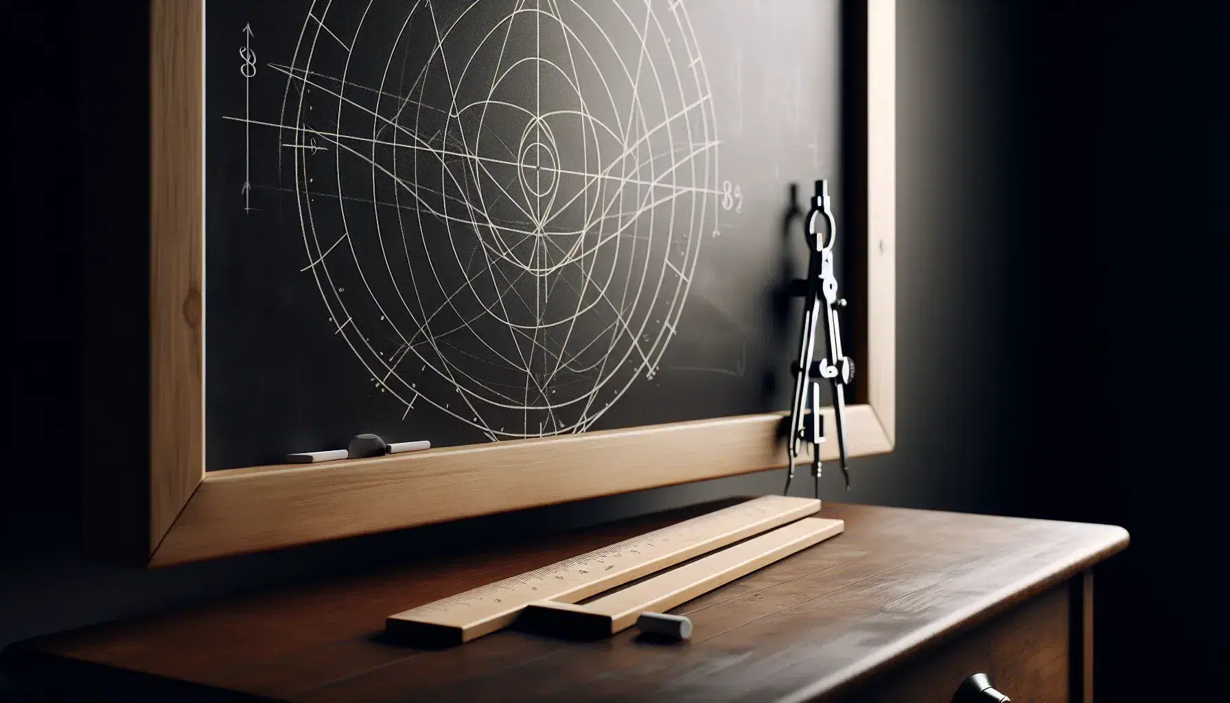 Close-up view of a chalkboard with geometric chalk lines, a wooden ruler, and a metallic compass on a desk, in a softly lit classroom.
