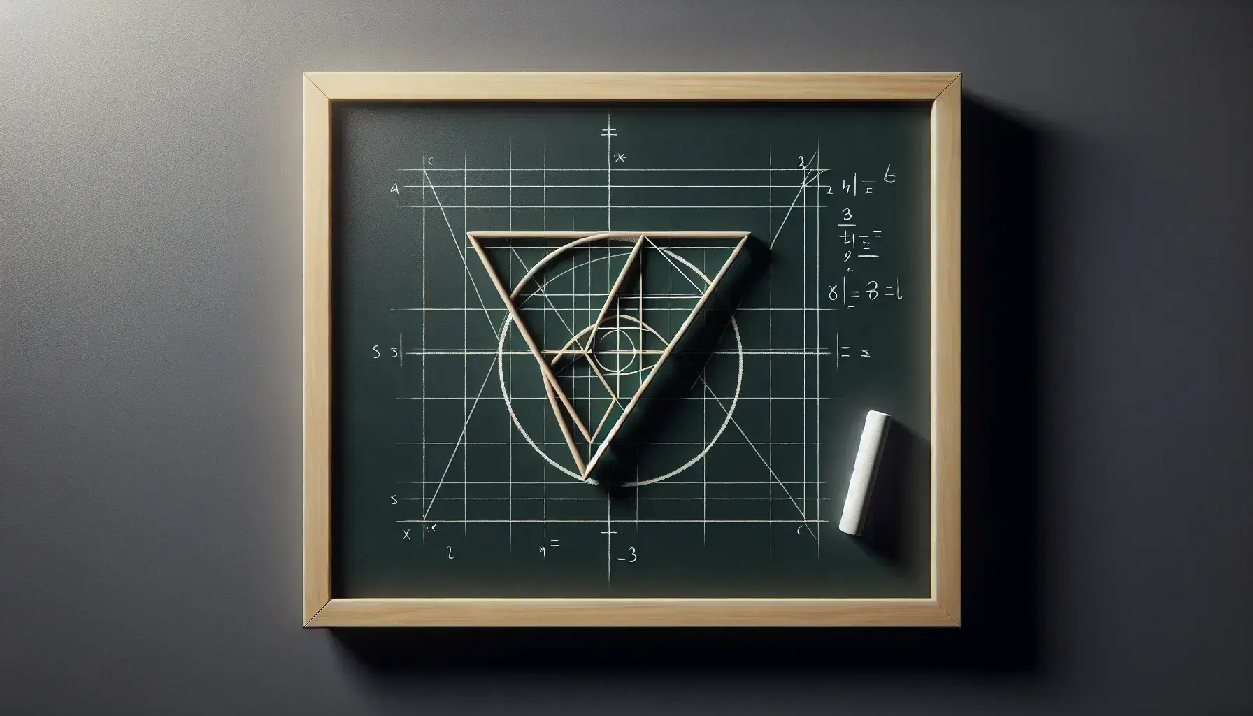 Pizarra verde oscuro con marco de madera y dibujos de tiza blanca: triángulo equilátero, red de puntos, formas geométricas superpuestas y líneas entrecruzadas, junto a borrador y tiza.