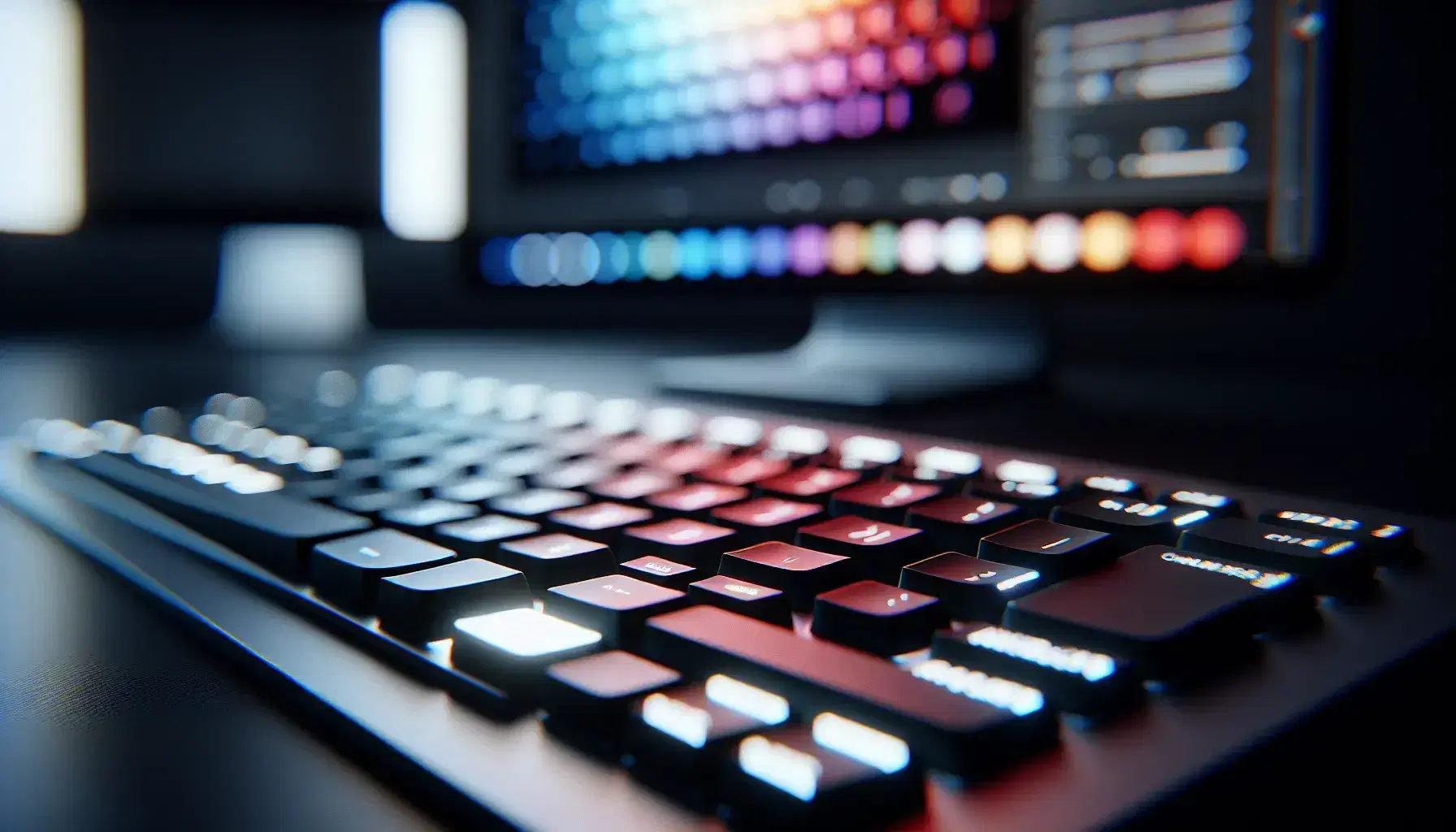 Tastiera di computer senza caratteri illuminata da luce soffusa con monitor sfocato sullo sfondo che mostra una palette di colori digitali dall'rosso al viola.