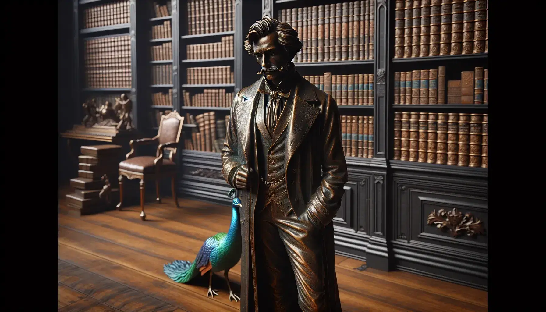 Statua in bronzo di filosofo pensieroso con abiti d'epoca, pavone sul pavimento e libreria antica con libri rilegati sullo sfondo.