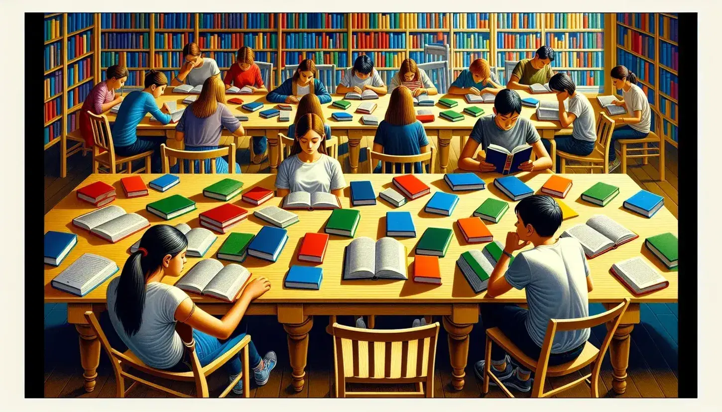 Studenti concentrati nella lettura in una biblioteca con tavolo di legno chiaro, sedie scure, scaffali pieni di libri e luce soffusa.