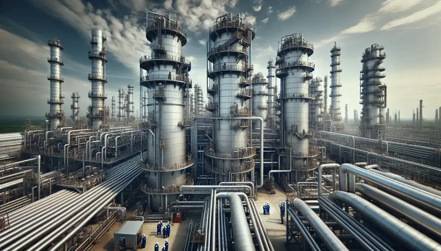 Torri di raffinazione del petrolio con scale esterne e ingegneri in tute blu e caschi bianchi sotto un cielo azzurro con nuvole sparse.