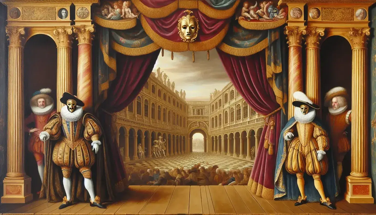 Scena teatrale rinascimentale con attori in costume d'epoca, sipario rosso vellutato, candelabri in ferro battuto e scenografia di piazza rinascimentale.