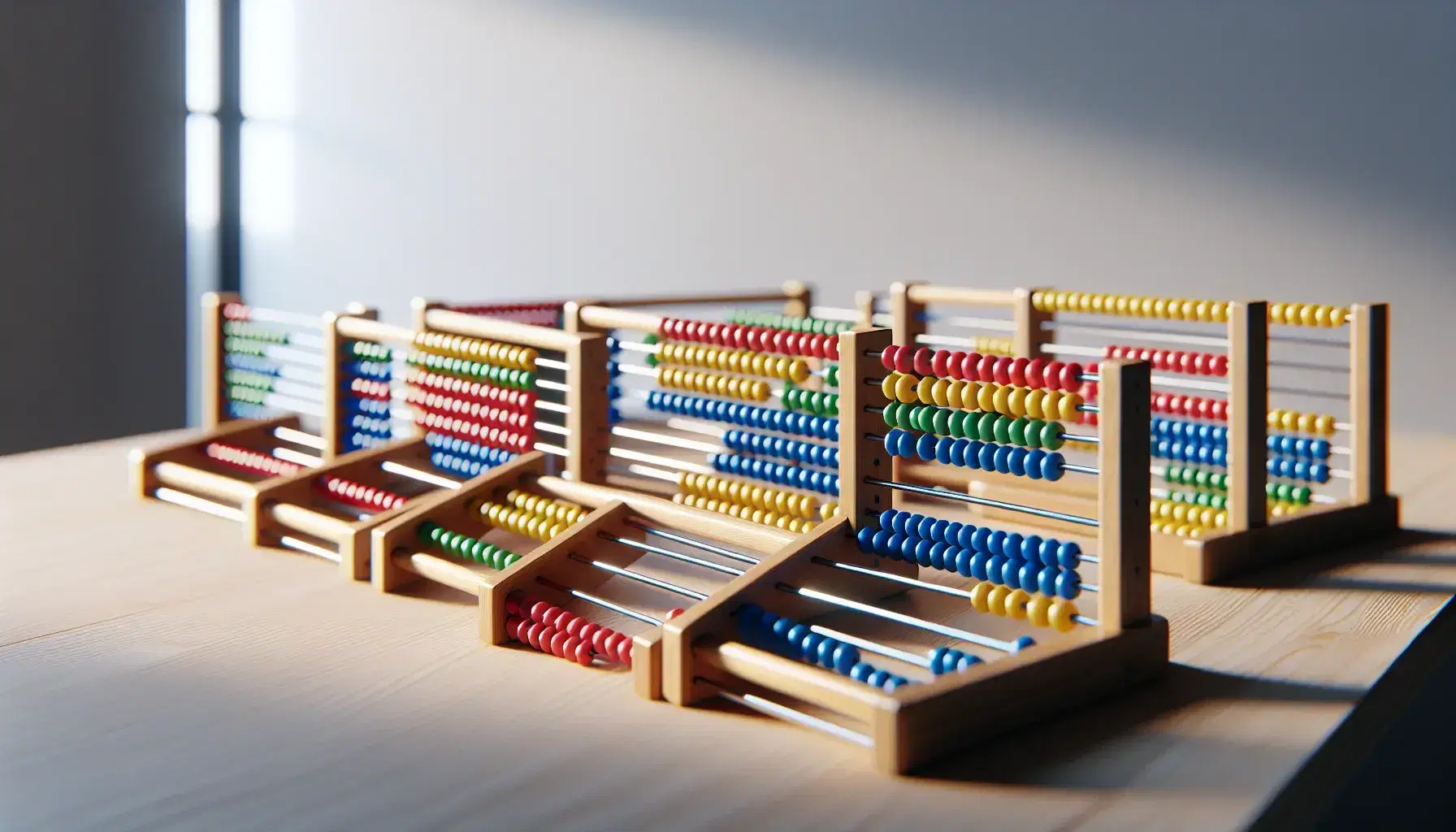 Abacos de colores con cuentas de plástico sobre mesa de madera iluminados por luz natural, sin personas ni textos visibles.