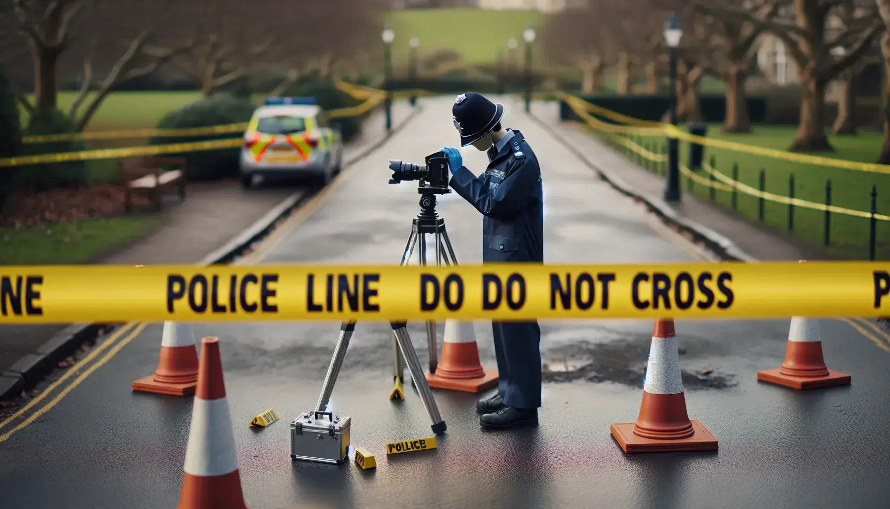 Escena de crimen acordonada con cinta policial amarilla, figura de oficial de espaldas y conos de tráfico en área verde borrosa.