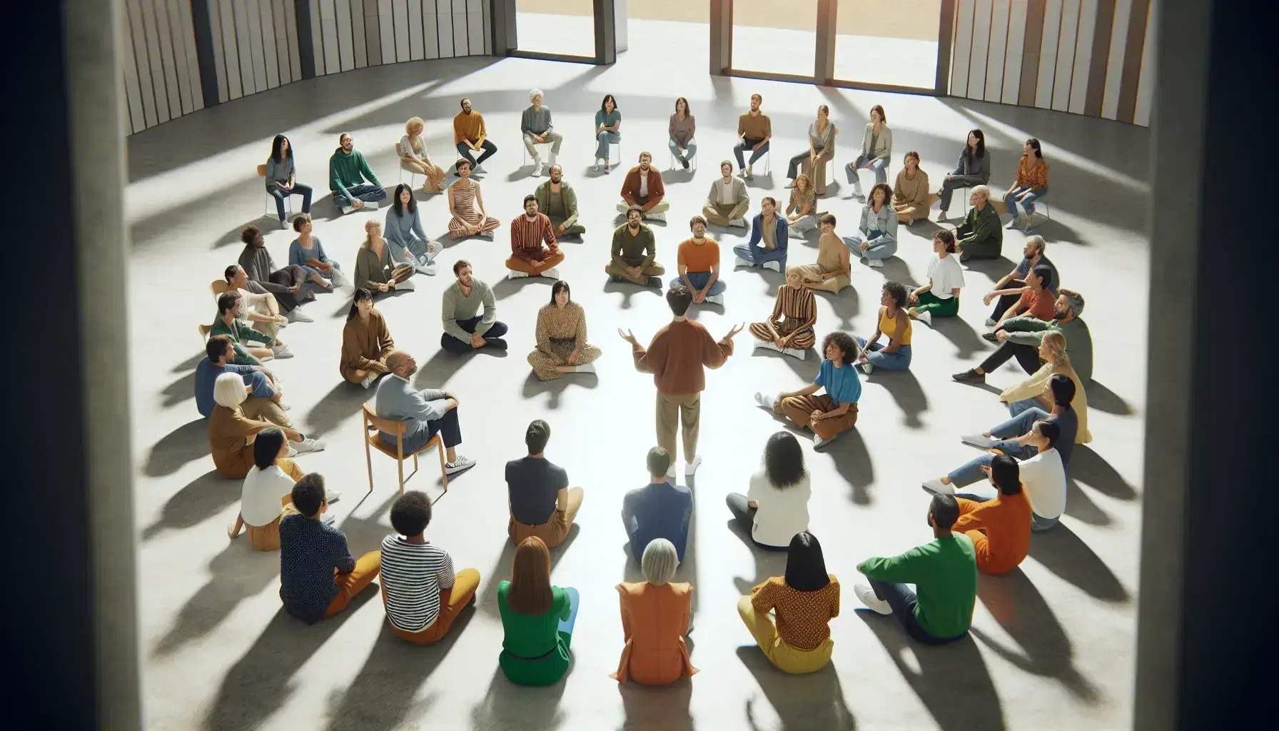 Grupo diverso en círculo participando en taller de comunicación con una persona de pie explicando, en un espacio iluminado naturalmente.