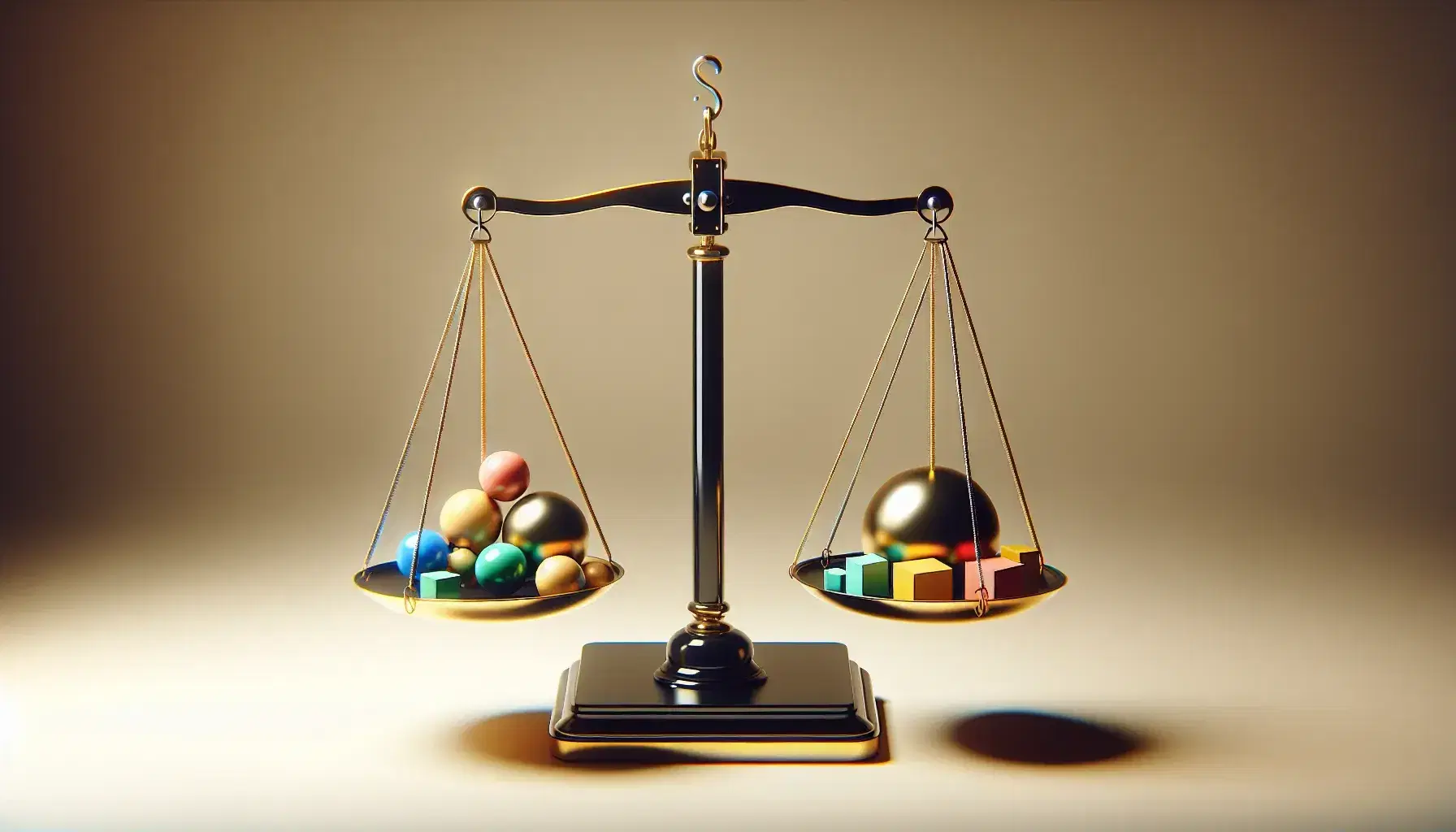 Bilancia a due piatti dorati con oggetti geometrici colorati in equilibrio, riflessi su sfondo neutro.