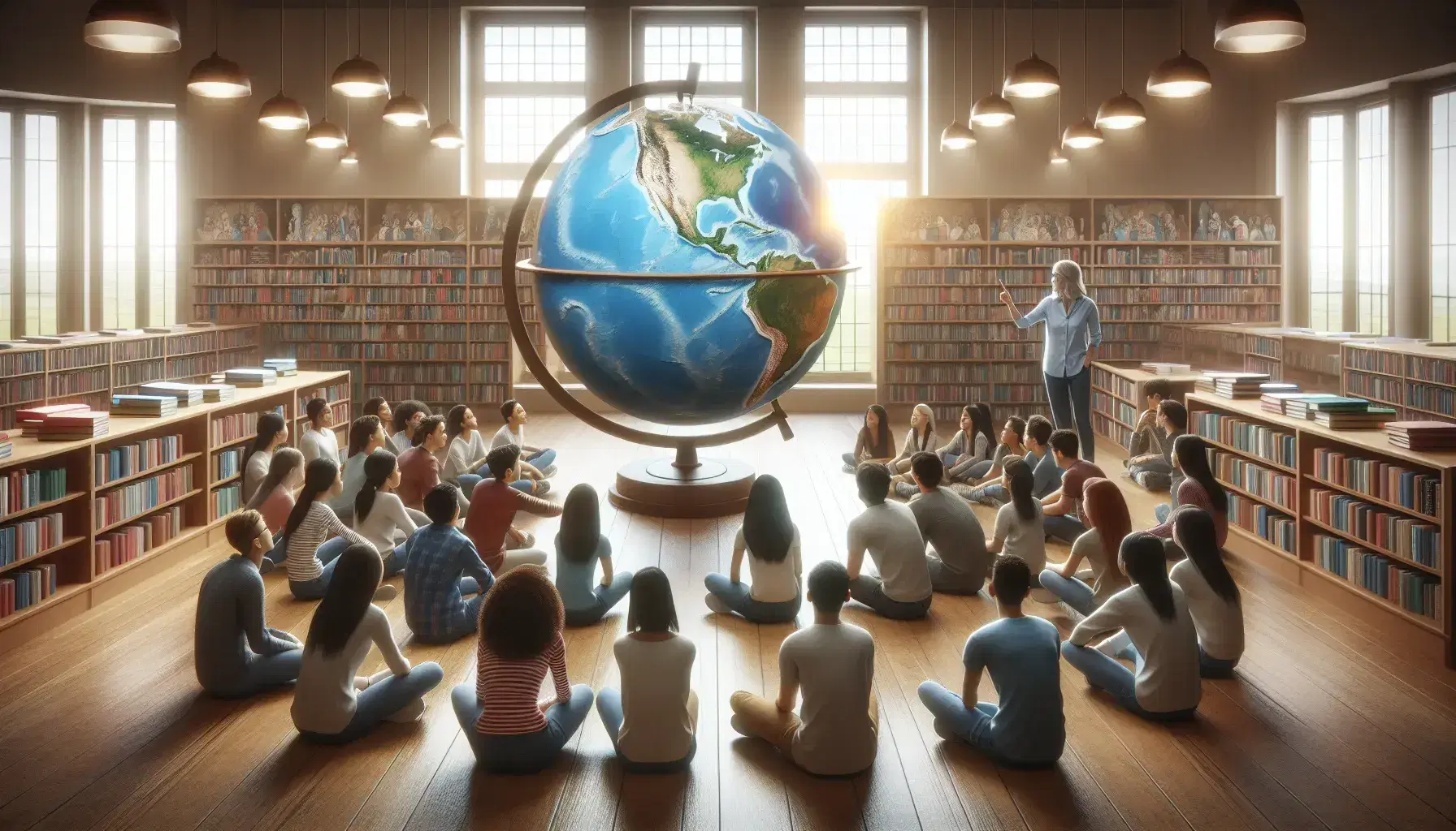Grupo diverso de estudiantes sentados en semicírculo en una biblioteca observando un globo terráqueo mientras un educador señala, con estantes de libros coloridos al fondo.