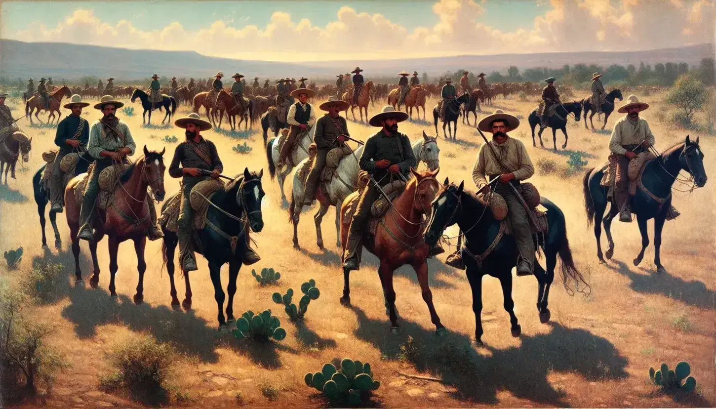 Grupo de jinetes a caballo en campo abierto, vestidos al estilo del siglo XX con sombreros anchos y portando rifles, bajo un cielo azul con nubes dispersas.