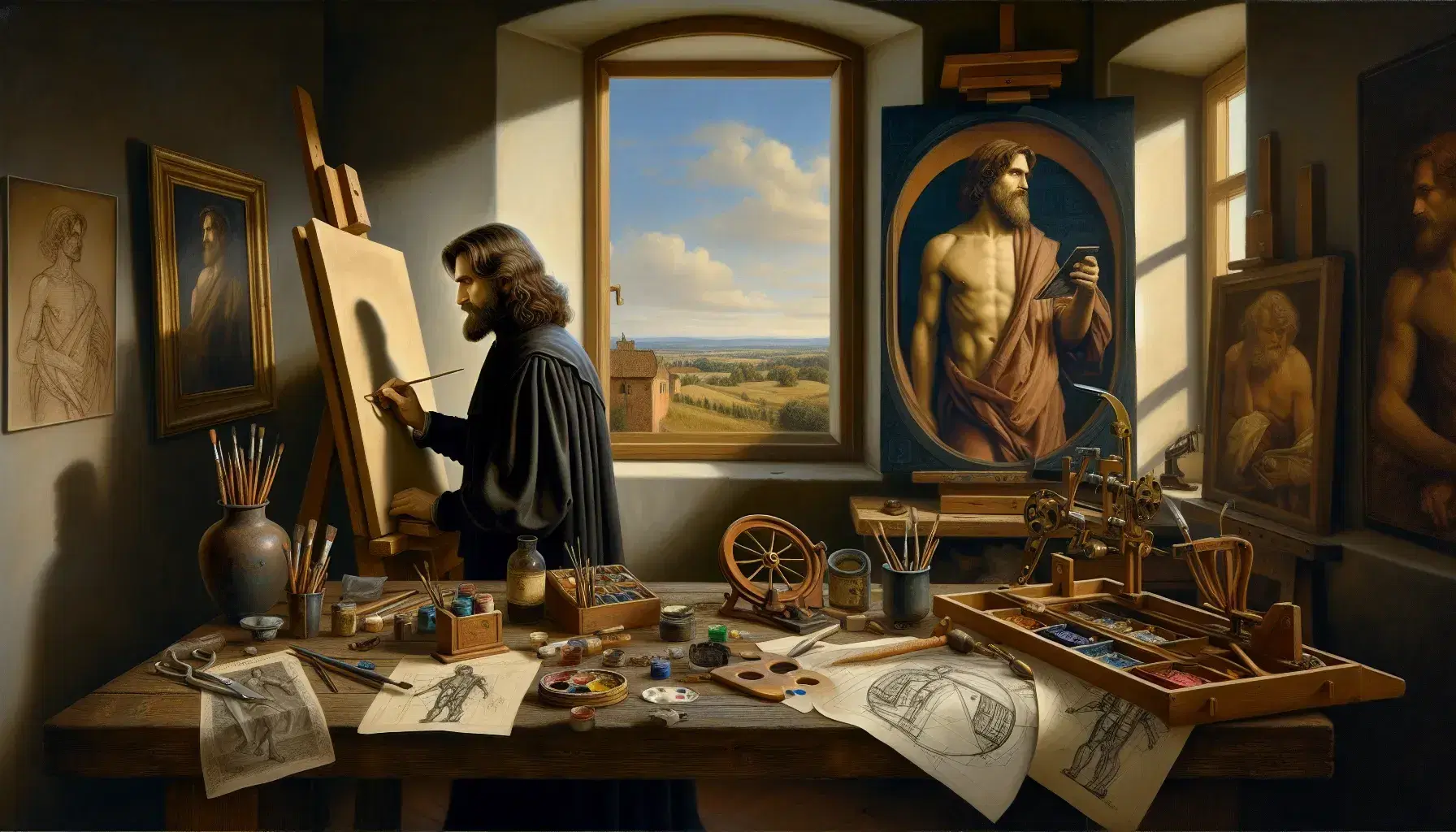 Ritratto di Leonardo da Vinci in studio rinascimentale con dipinto in lavorazione, tavolo con strumenti di disegno e paesaggio esterno.