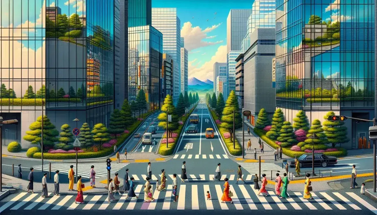 Paesaggio urbano giapponese con strada, edifici moderni, parco verde, persone in kimono e abiti occidentali che attraversano la strada, montagne in lontananza e uccelli in volo.