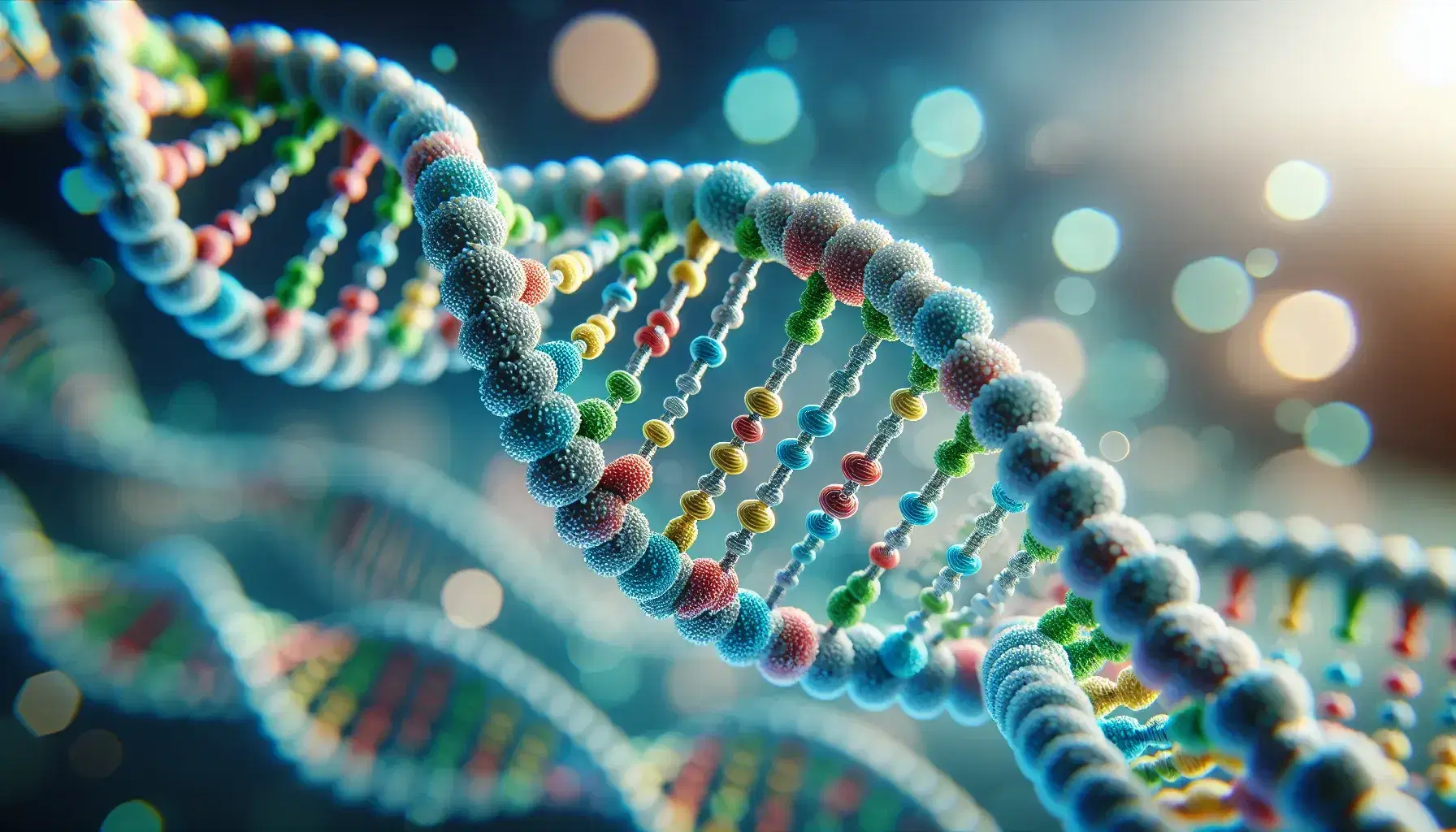 Detailed 3D model of DNA double helix with metallic silver phosphate backbone and brightly colored nitrogenous bases against a soft-hued, blurred background.