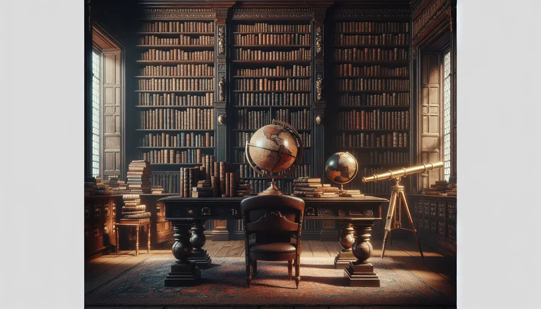 Biblioteca antigua con estanterías de madera oscura llenas de libros, mesa central con globo terráqueo antiguo y telescopio de latón, silla de madera y alfombra persa.