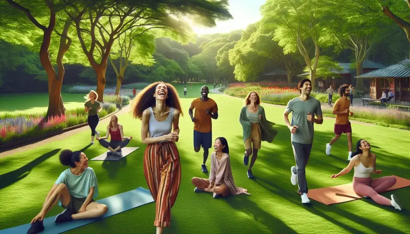 Diverse group of people enjoy outdoor activities in a green park: laughter, jogging, yoga and meditation under a blue sky.