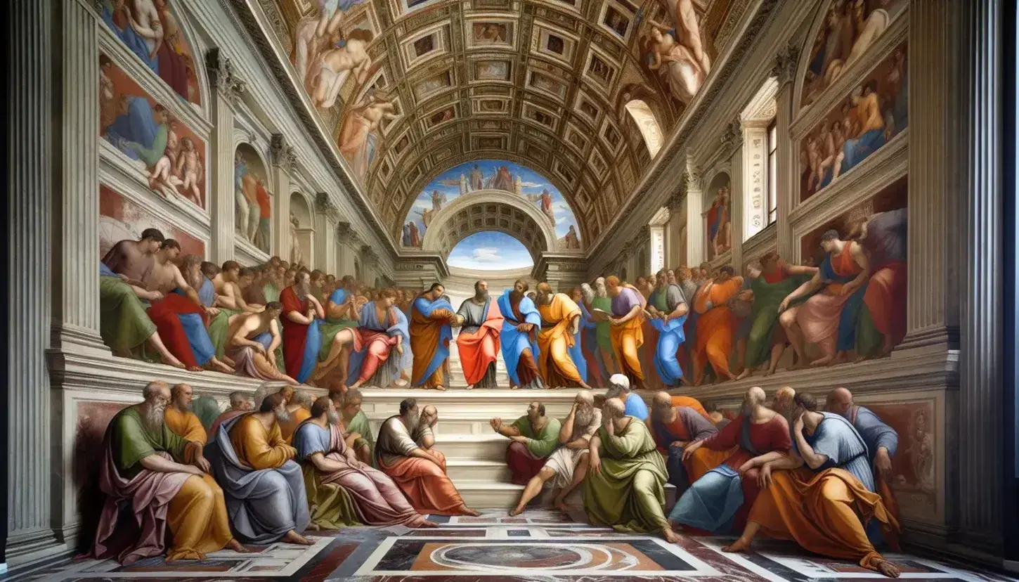 Dettaglio del fresco 'La Scuola di Atene' di Raffaello con figure in dialogo filosofico, vesti vivaci e architettura classica in luce naturale.
