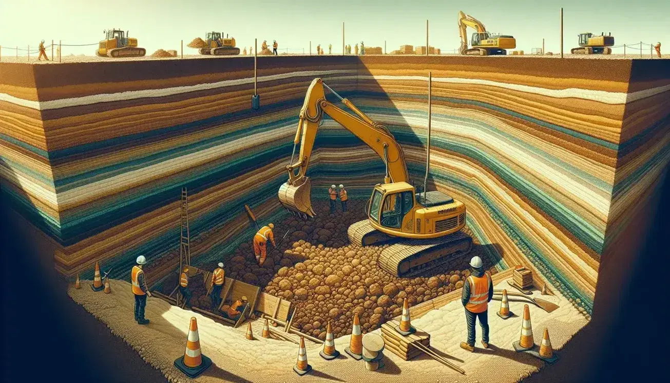 Excavadora amarilla trabajando en sitio de construcción con operarios en cascos de seguridad, mostrando capas de suelo en sección transversal bajo cielo despejado.