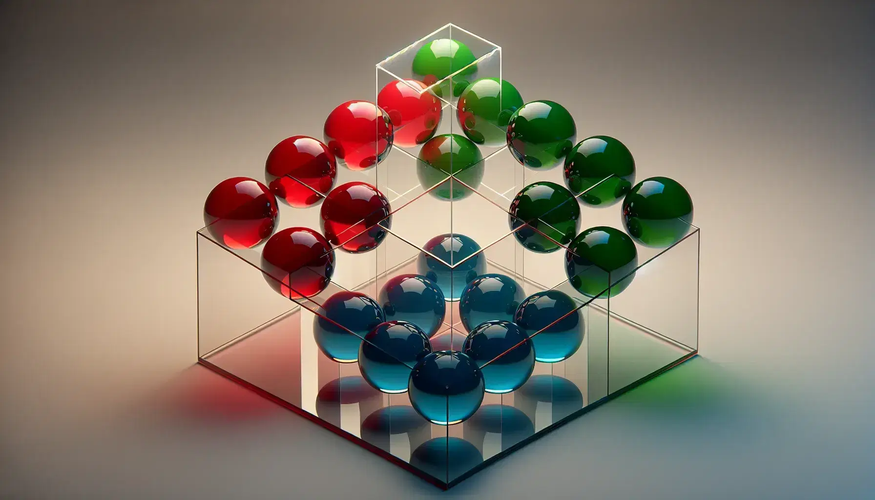 Sfere colorate rosse in triangolo, verdi in quadrato e blu in cerchio su piani di vetro, con riflessi luminosi e ombre morbide.