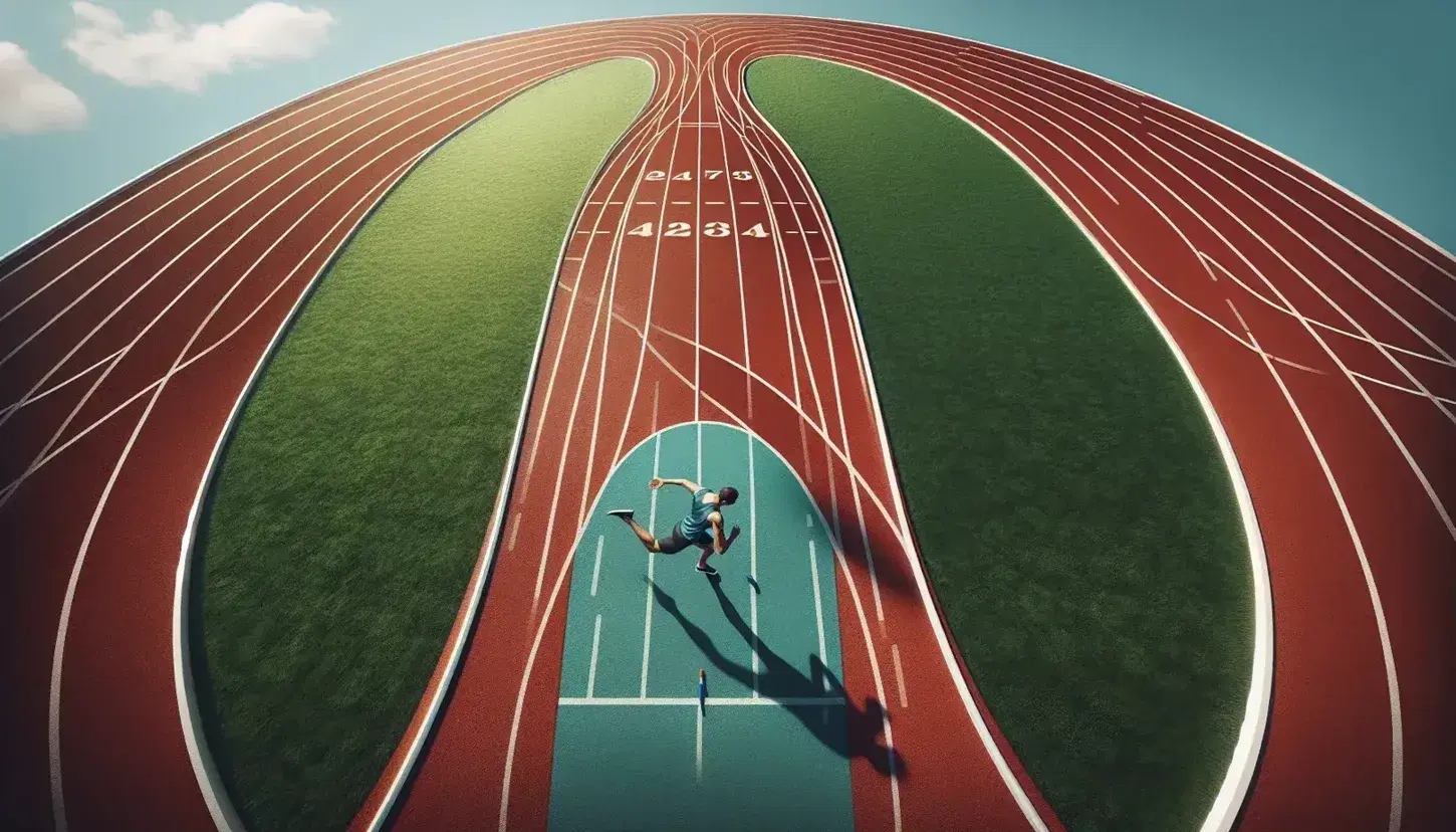 Atleta in maglia blu e pantaloncini neri corre sulla pista di atletica rossa con linee bianche, proiettando ombra nitida, cielo azzurro sopra.