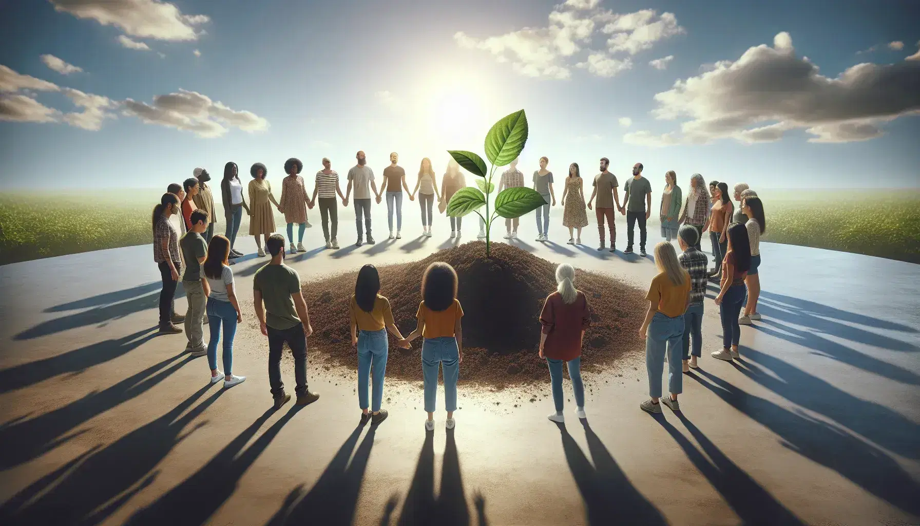 Grupo diverso de personas unidas en círculo alrededor de una planta joven sostenida por manos humanas, bajo un cielo azul despejado y soleado.