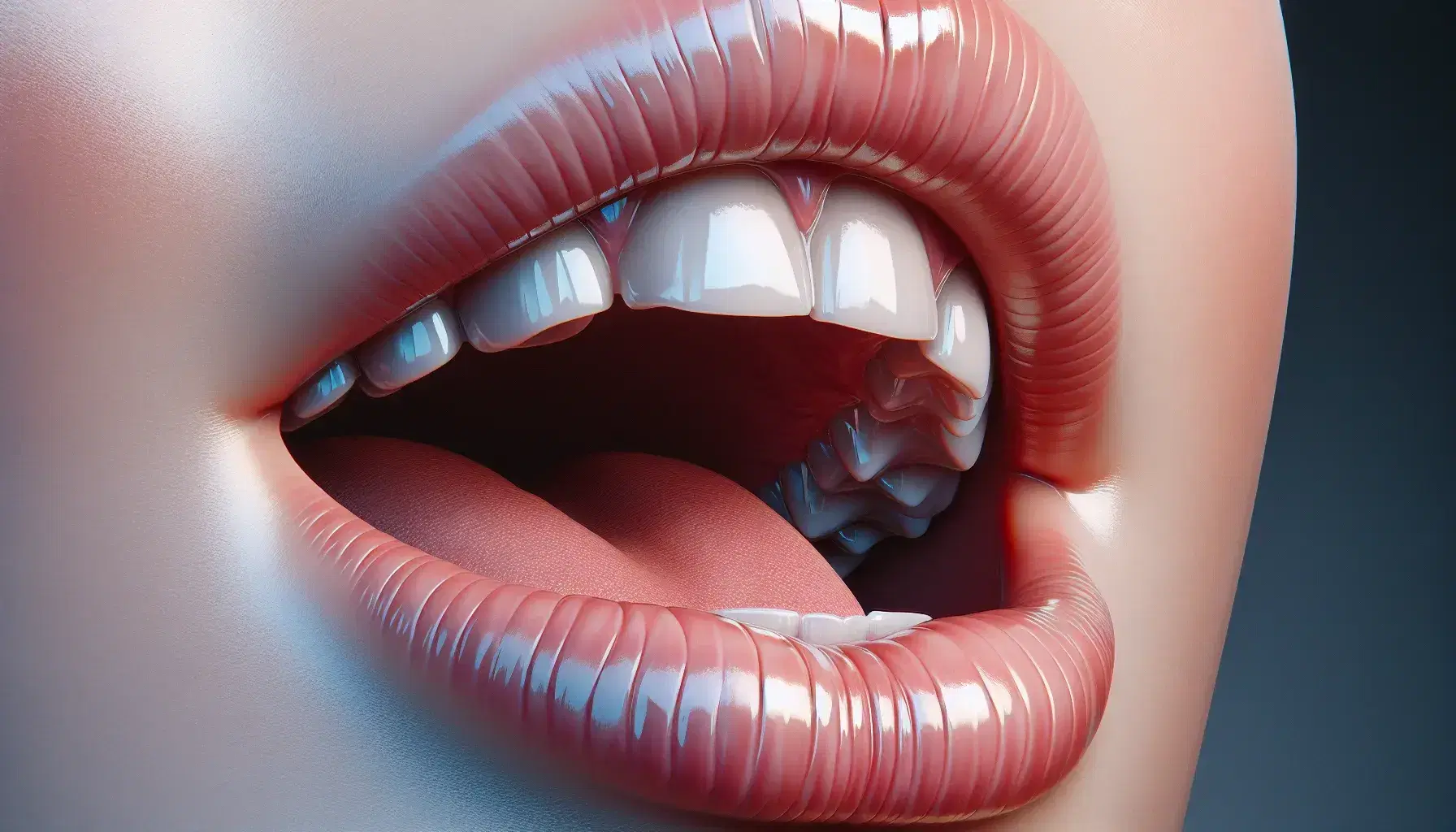 Close-up profile view of a human mouth with parted lips, showing clean white teeth and a pink tongue, set against a blurred blue background.