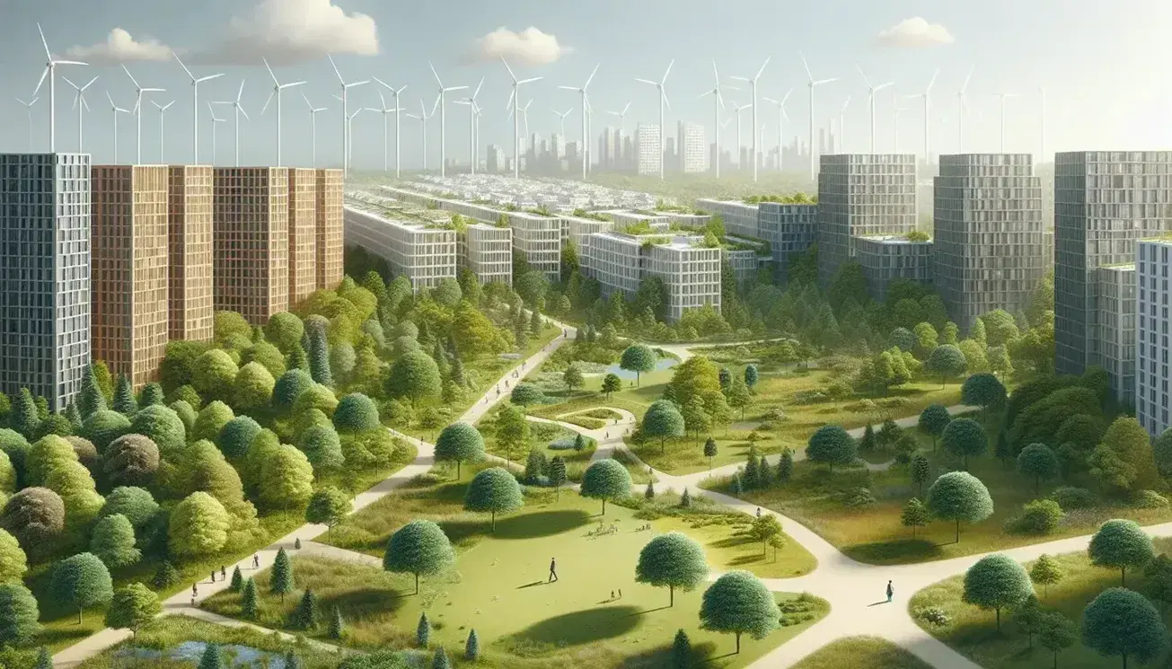 Parque urbano con árboles variados y camino de tierra, persona paseando, edificios de tonos neutros al fondo y aerogeneradores en un cielo azul claro.