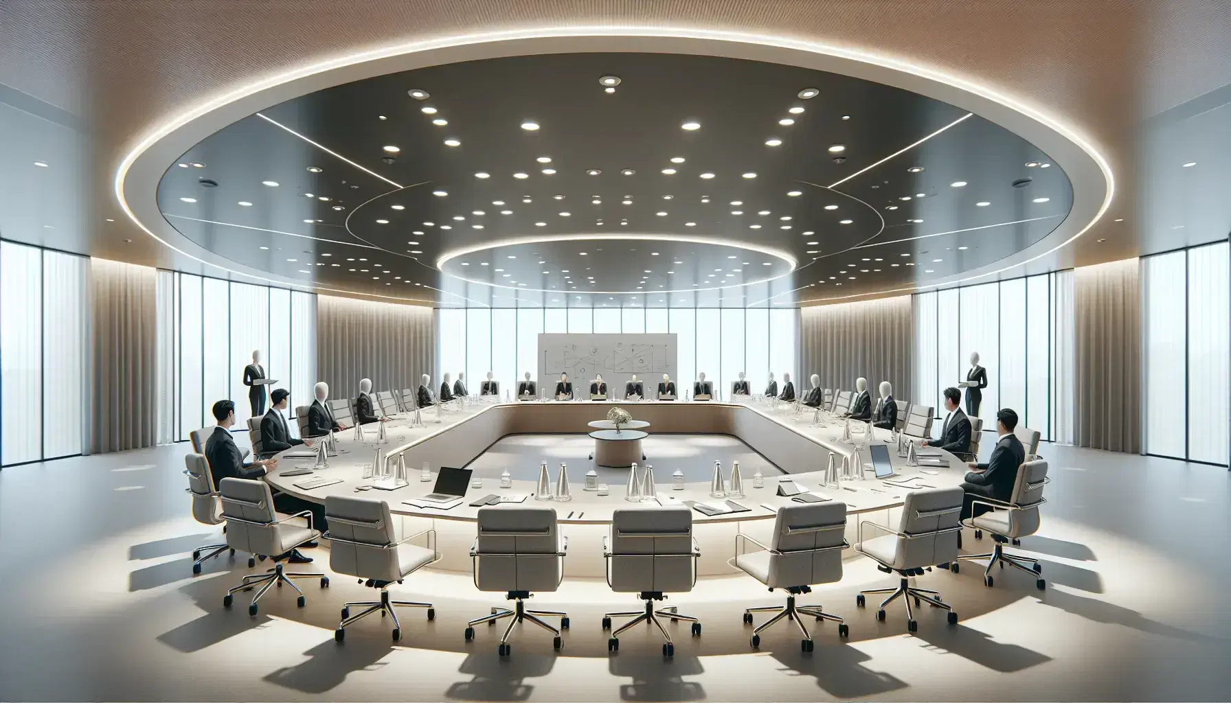 Sala conferenze moderna e luminosa con tavolo ovale, sedie ergonomiche, laptop e persone in abiti formali impegnate in una discussione.