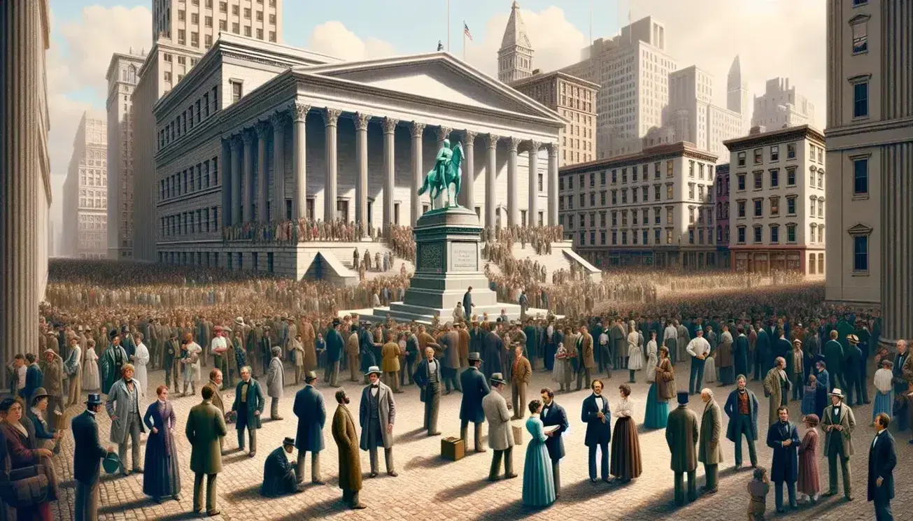 Diverse crowd in a neoclassical square with a statue, under a clear blue sky, conveying a serene atmosphere with greenery and historic buildings.