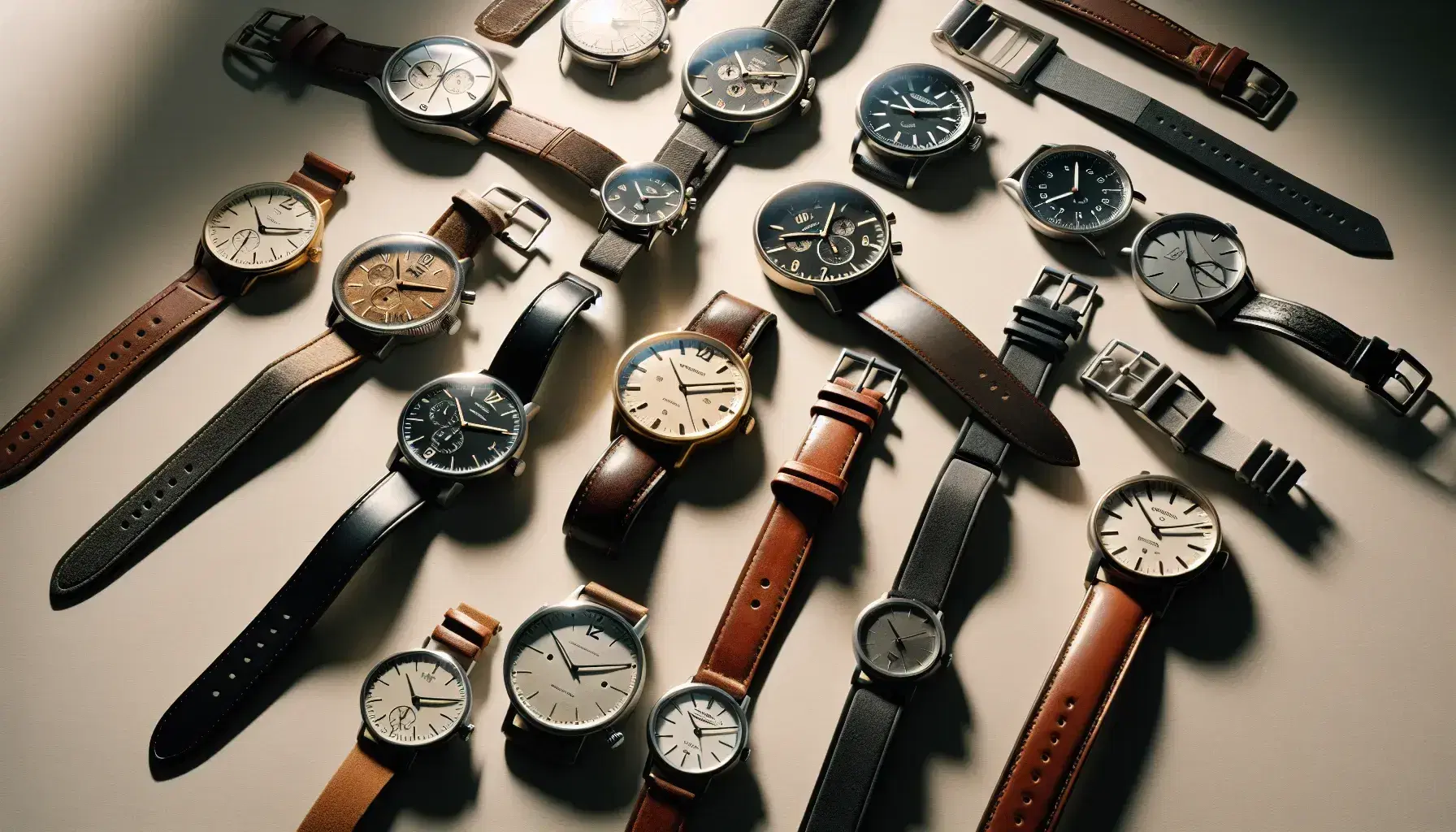 Collezione di orologi analogici in pelle e metallo con quadranti vari e lancette che indicano diverse ore su sfondo chiaro.
