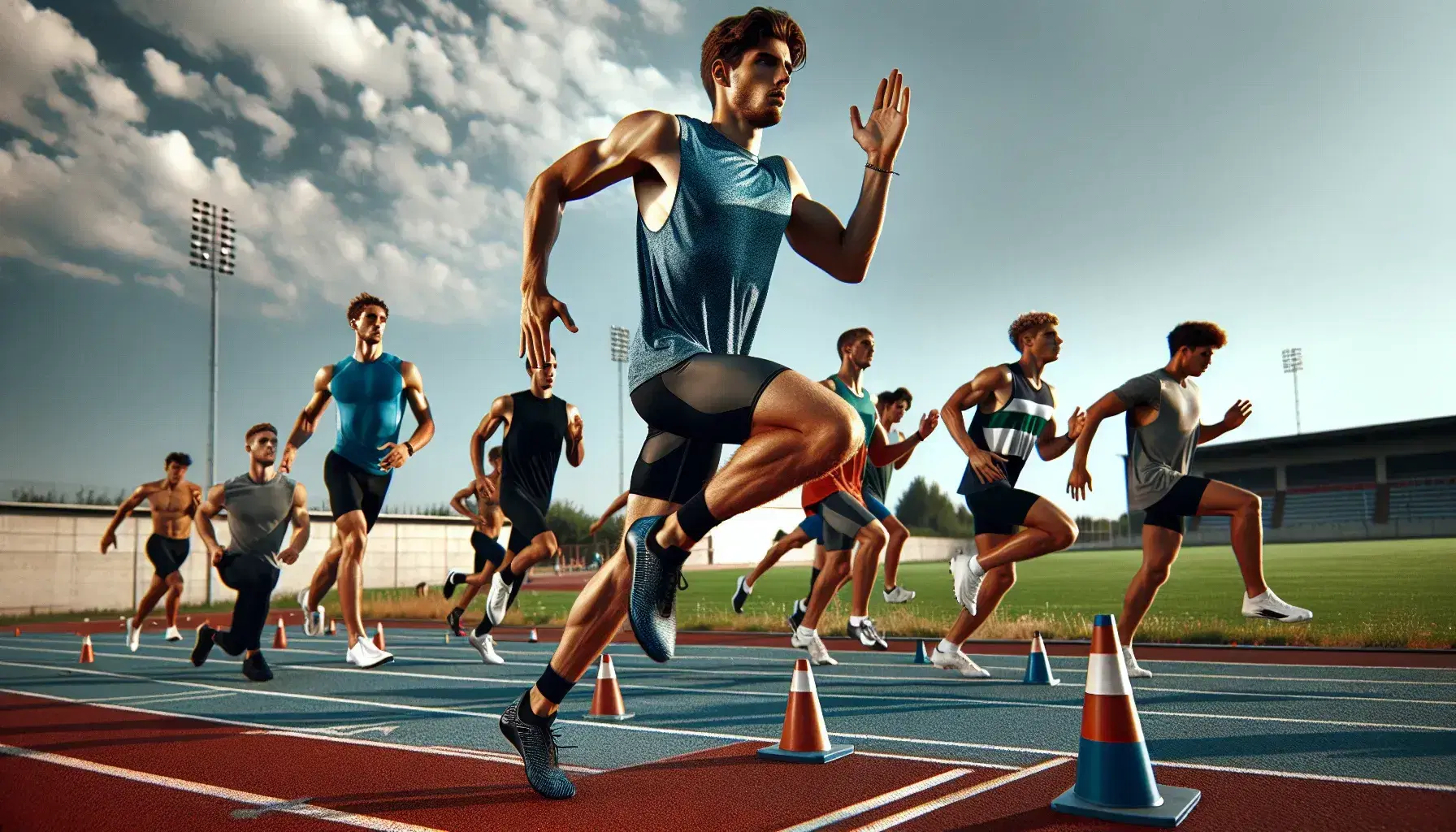 Atleti in allenamento su pista di atletica, sprinter concentrato corre con muscoli definiti, altri si esercitano e riposano, cielo sereno.