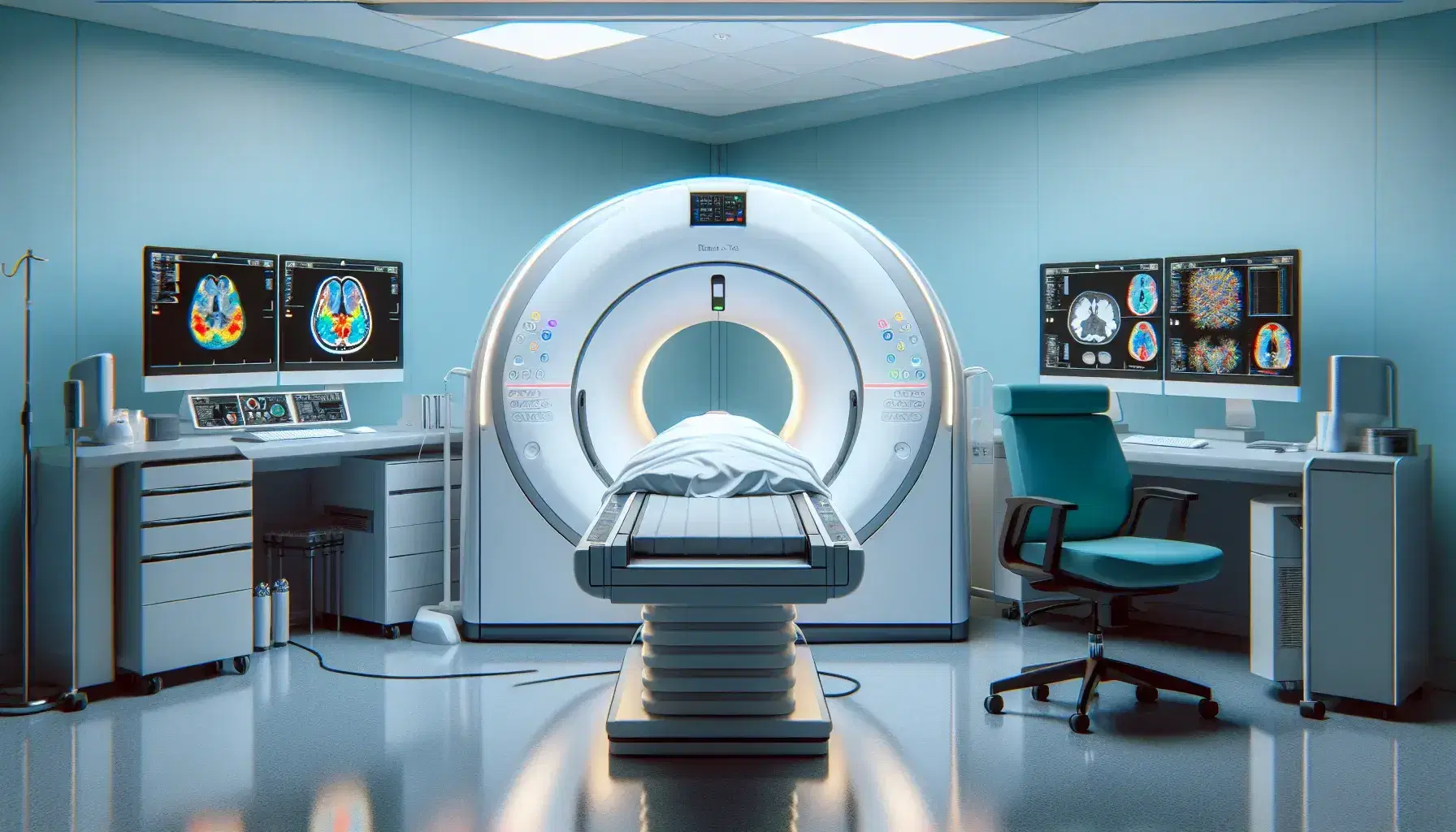 Modern medical imaging room with white PET/CT scanner, computer station with monitor and medical professional in turquoise scrubs consulting a chart.