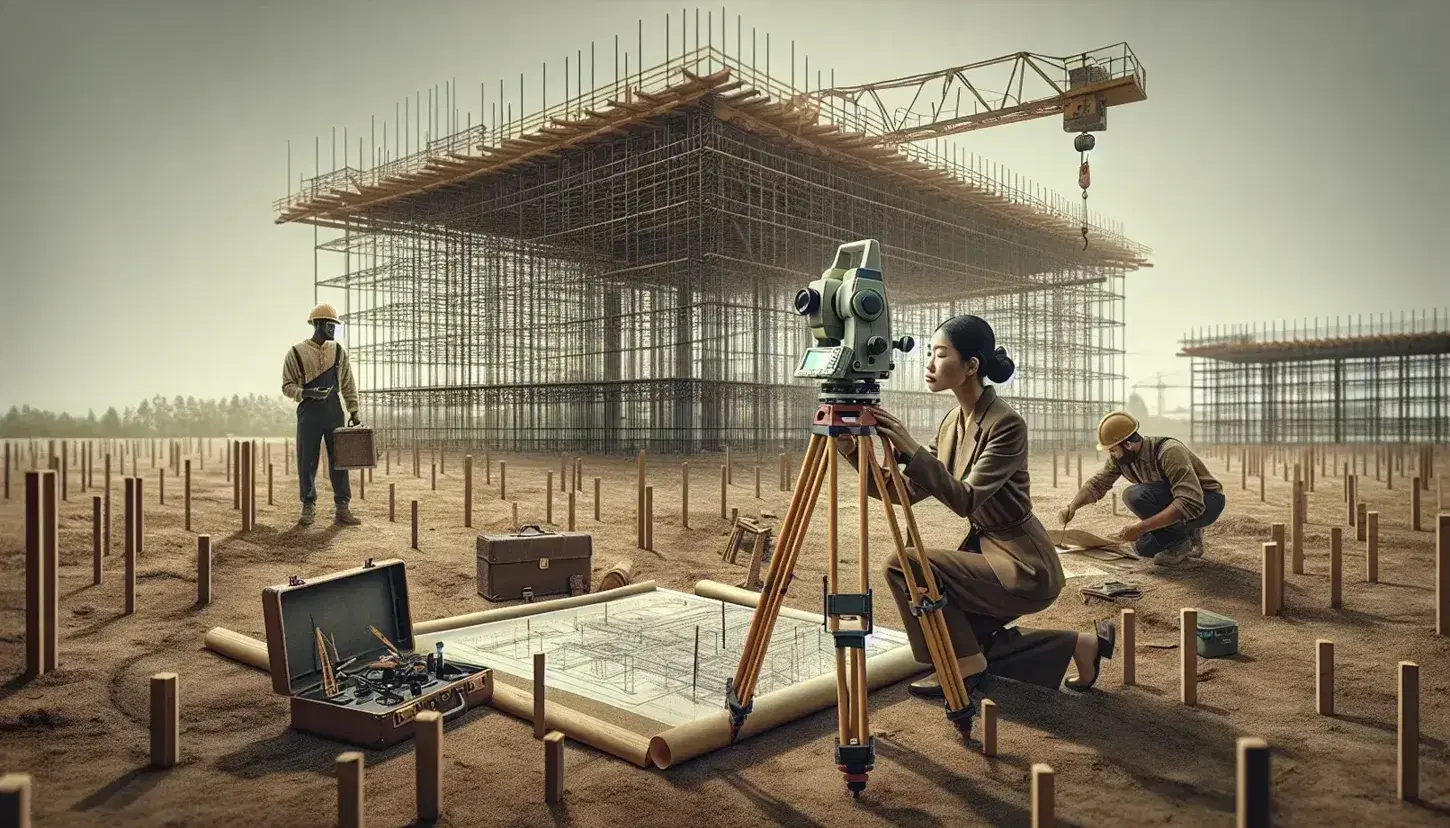 Asian surveyor uses a theodolite on construction site with workers consulting blueprints and idle crane in background.