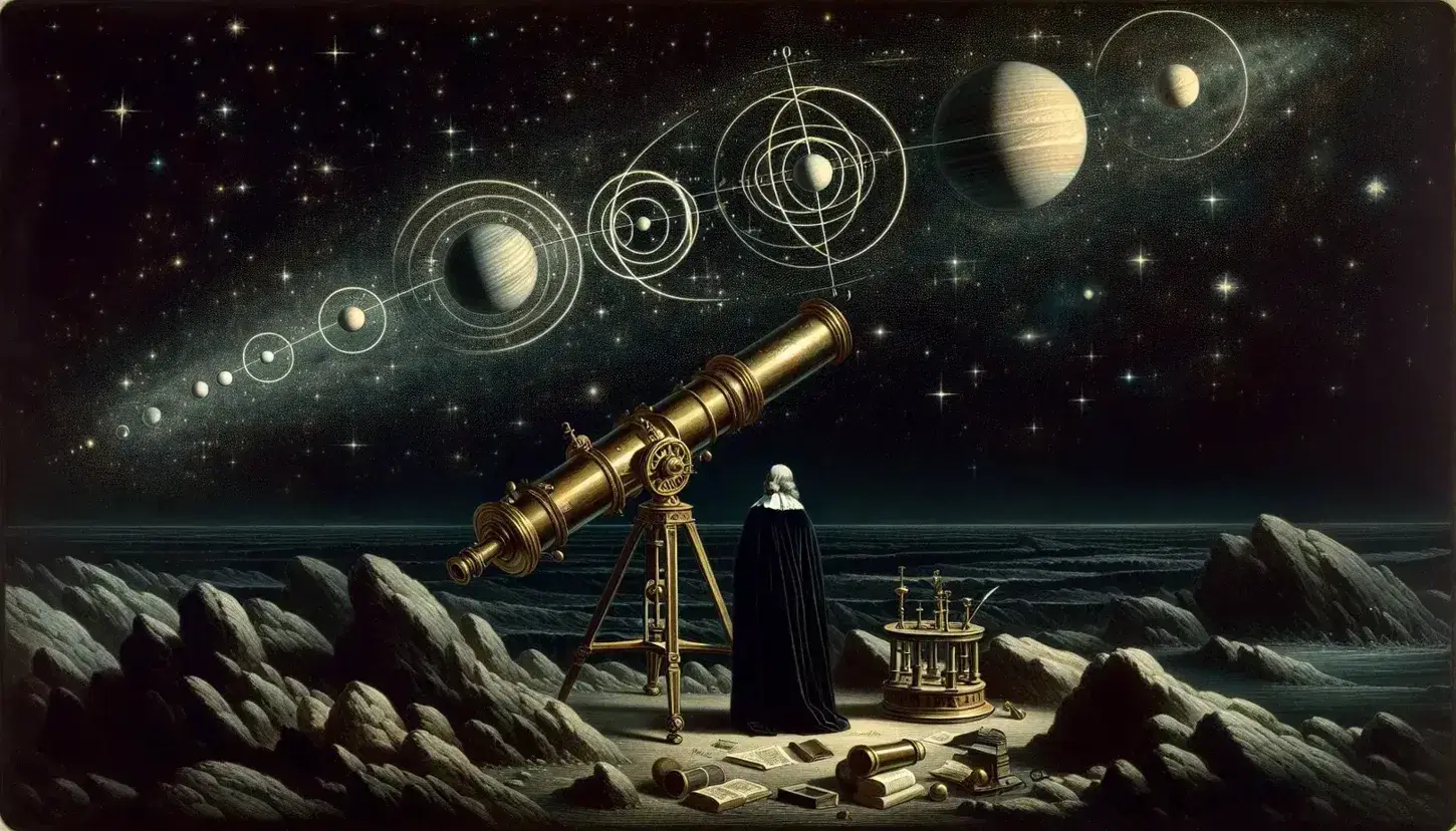 Cielo notturno stellato con illustrazioni delle tre leggi del moto planetario di Kepler, telescopio antico su terreno roccioso e figura umana in abiti del XVII secolo.