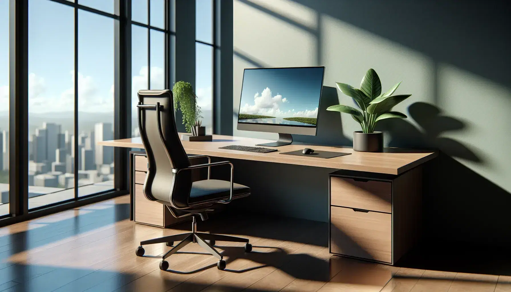 Serene office setup with a wooden desk, modern computer, ergonomic chair, and bookshelf, complemented by indoor plants and a window with a blue sky view.