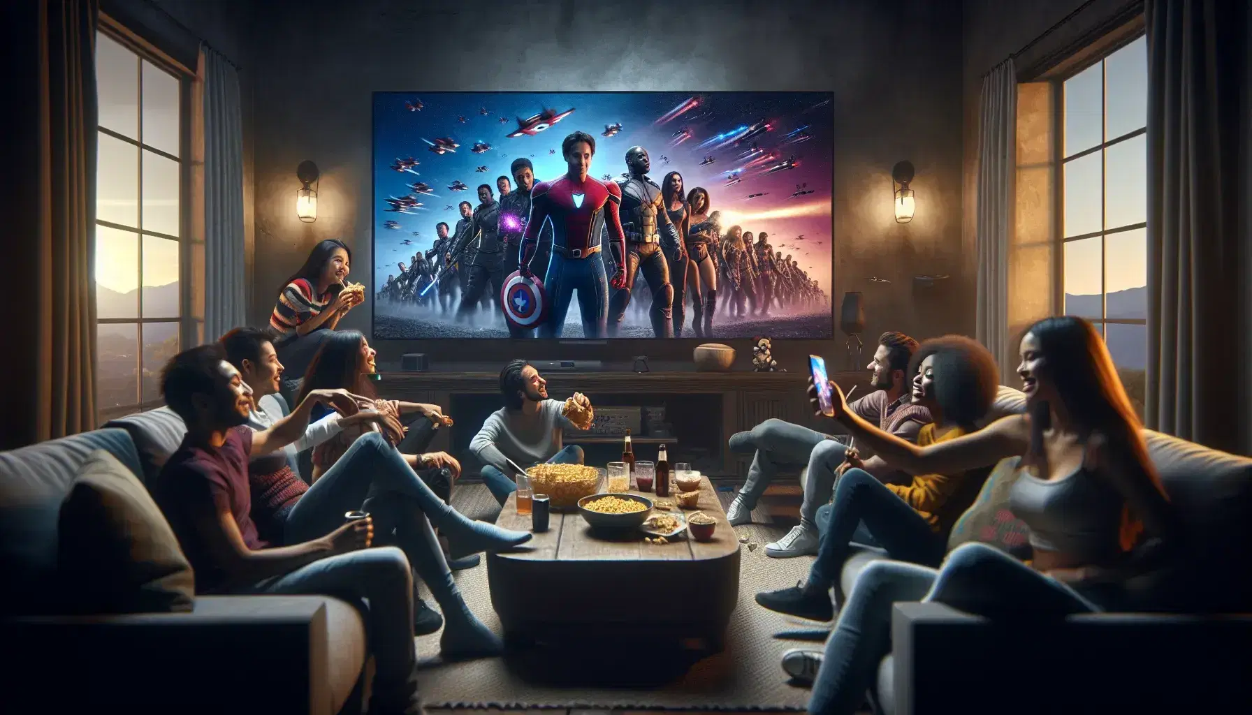 Assorted multi-ethnic group enjoys action movie on large TV, assorted expressions, dim lighting, teenager takes selfie.