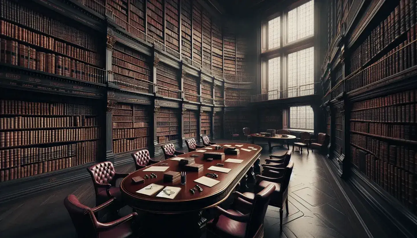 Sala biblioteca storica con scaffali in legno scuro pieni di libri rilegati, tavolo ovale centrale, sedie imbottite e finestra luminosa.