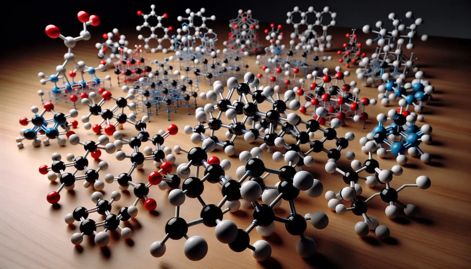 Colorful molecular models on wooden table with structure of benzene and various organic molecules represented by spheres and sticks.