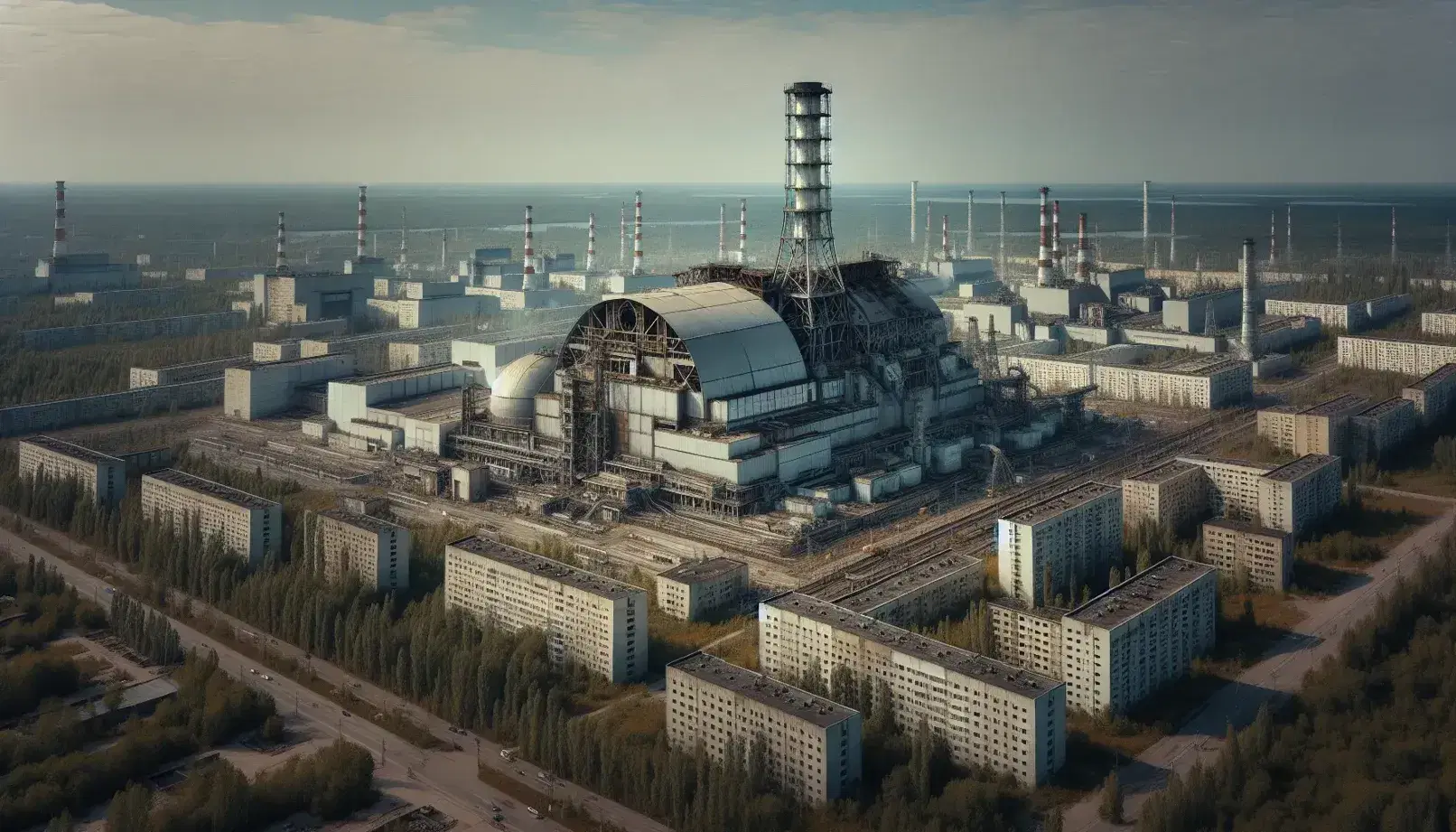 Vista aérea de la Central Nuclear de Chernóbil con el sarcófago de contención sobre el reactor 4, rodeado de vegetación y la ciudad abandonada de Pripyat.