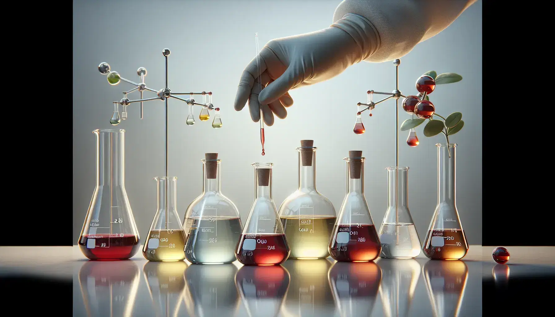 Laboratory with glass vials containing colored halogen solutions, hands with gloves and droppers, green plant in the background.