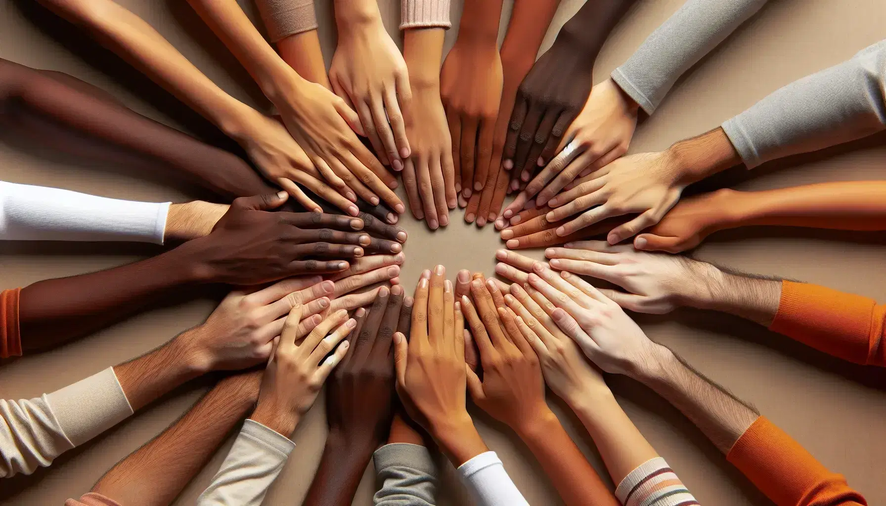 Mani di diverse etnie che si uniscono in un cerchio simboleggiando unità e diversità su sfondo neutro sfocato.