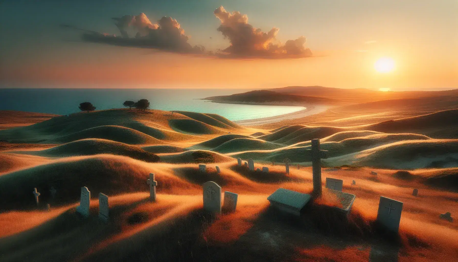 Serene Gallipoli peninsula landscape at sunset with weathered gravestones on a grassy knoll, a white sandy beach, and a calm Aegean Sea under a gradient sky.