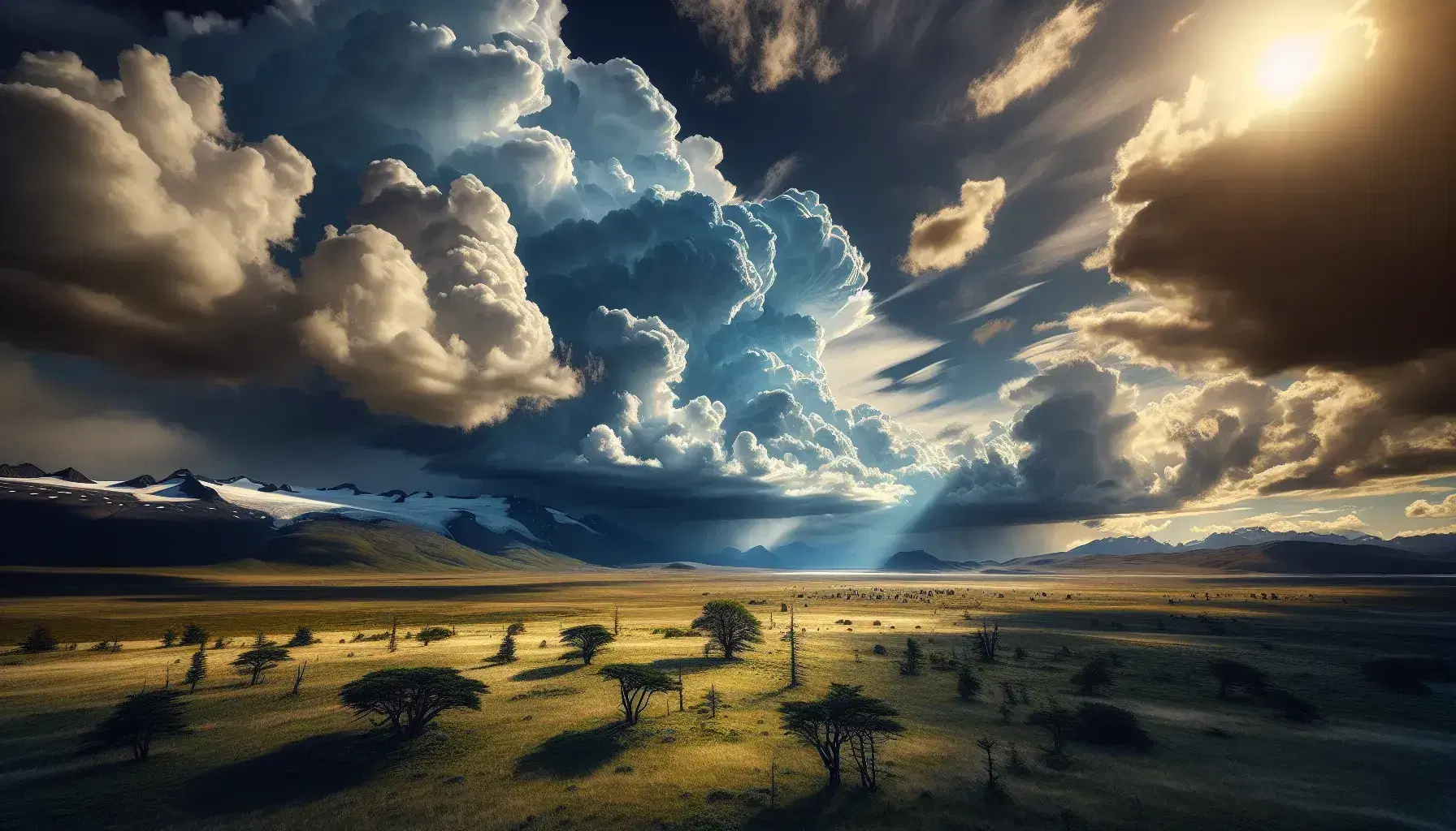 Paesaggio naturale con prato verde, alberi mossi dal vento e cielo nuvoloso con raggi di sole che filtrano illuminando la terra.