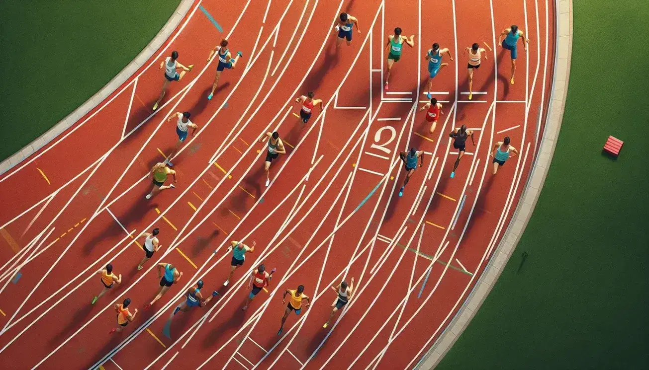 Pista di atletica con corridori in azione, vestiti con canotte colorate, su fondo rosso e linee bianche, circondata da area verde.