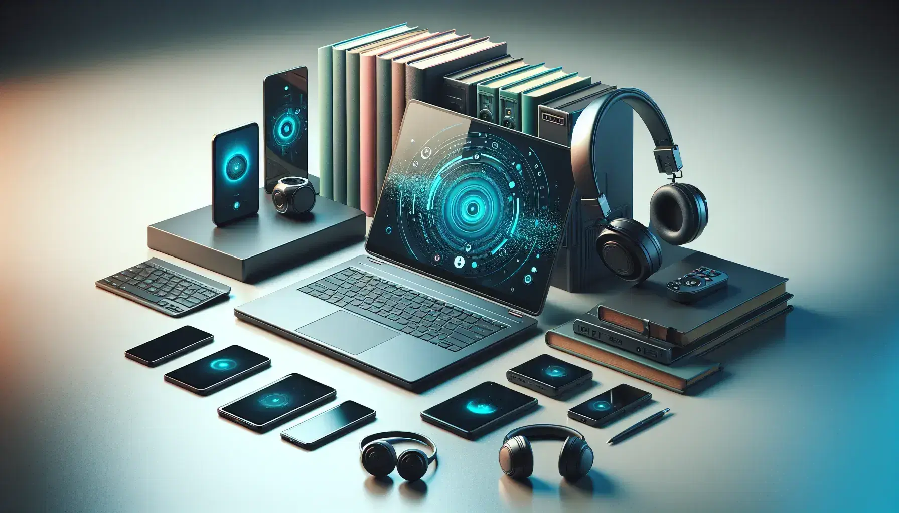 Espacio de trabajo moderno con portátil abierto, smartphone, tablet, libros apilados y auriculares, todo bajo iluminación natural.