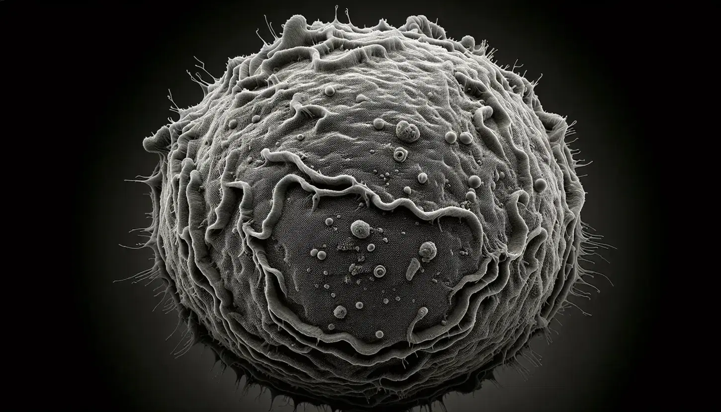 Fotografia macro di una cellula animale al microscopio elettronico con enfasi sulla membrana plasmatica e strutture simili a villi.