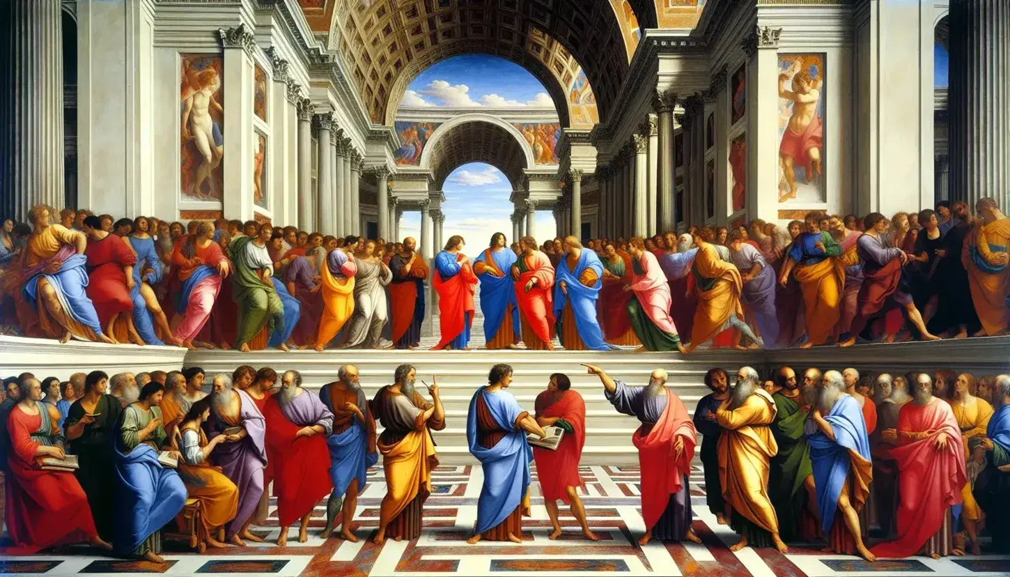 Affresco 'La Scuola di Atene' di Raffaello con filosofi in dialogo in un'architettura rinascimentale, senza testi o simboli leggibili.