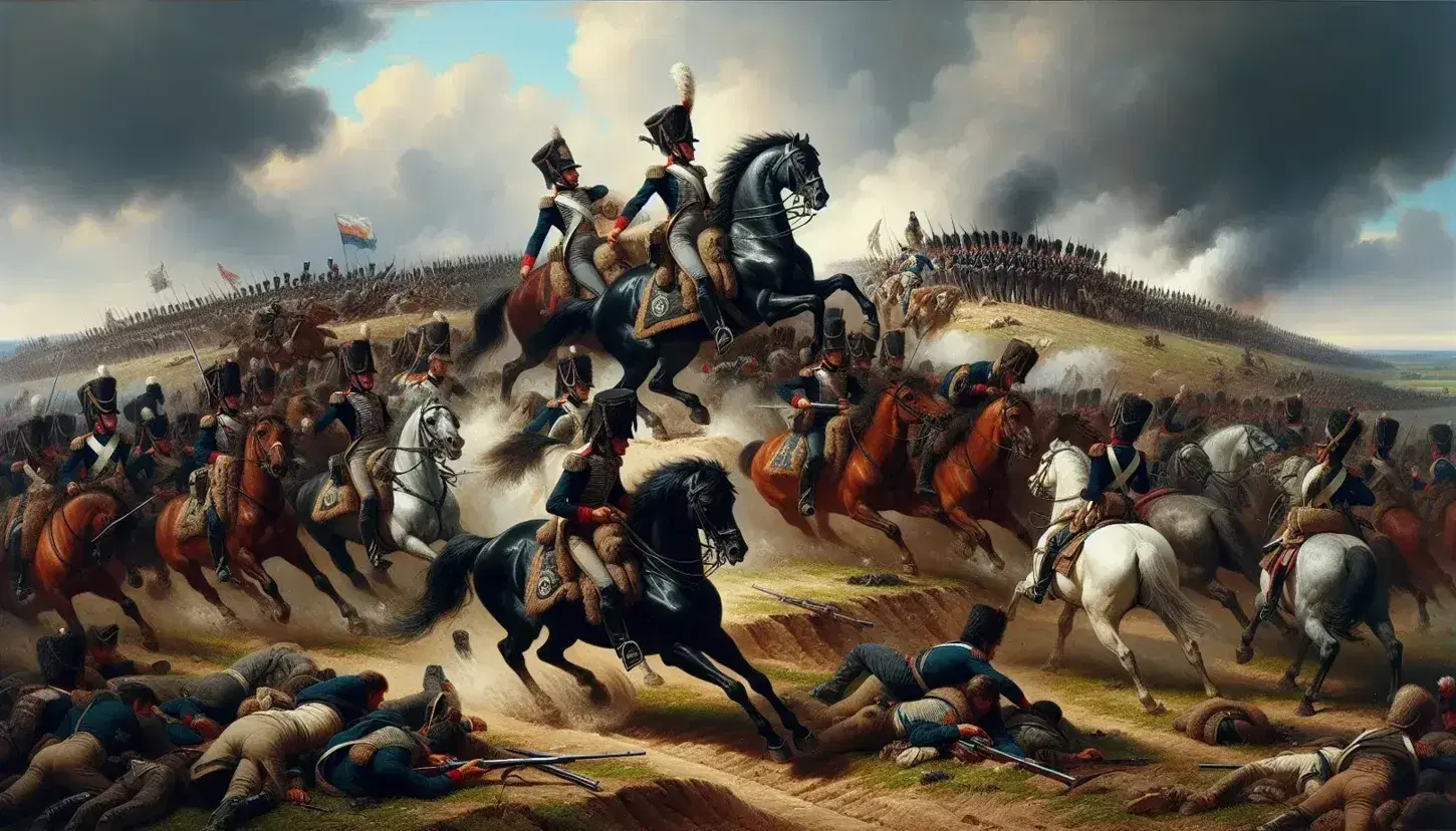 Dipinto storico della Battaglia di Borodino del 1812 con cavalieri in uniforme napoleonica e infanteria in combattimento sotto un cielo nuvoloso.