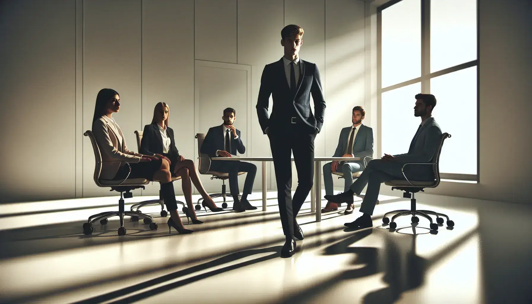 Grupo de cinco profesionales en reunión de oficina, con una persona de pie liderando la presentación y cuatro sentados atentos alrededor de una mesa ovalada.