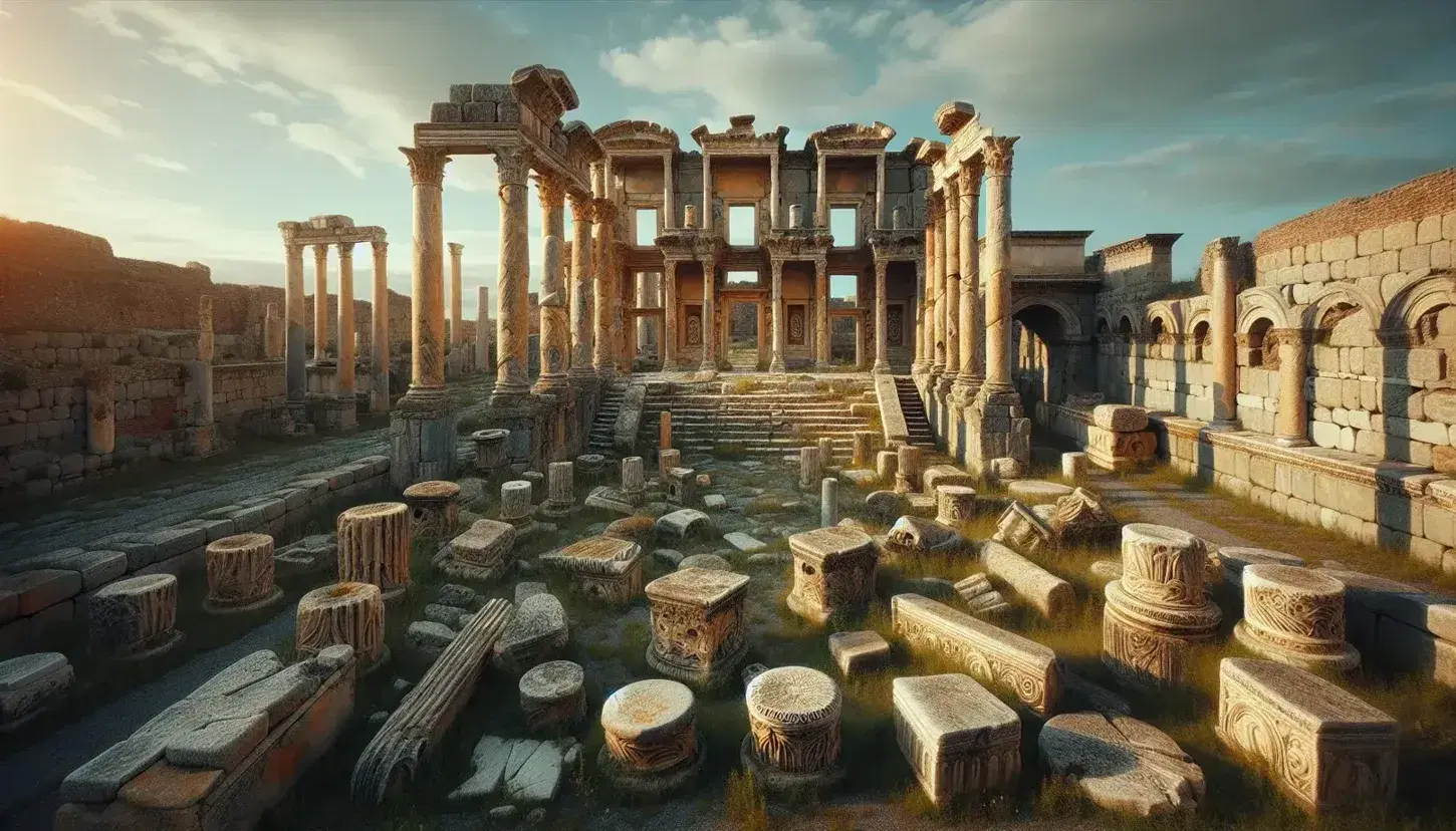 Ruinas romanas antiguas con columnas erosionadas y arcos derrumbados bajo un cielo azul claro, rodeadas de vegetación y árboles perennes.