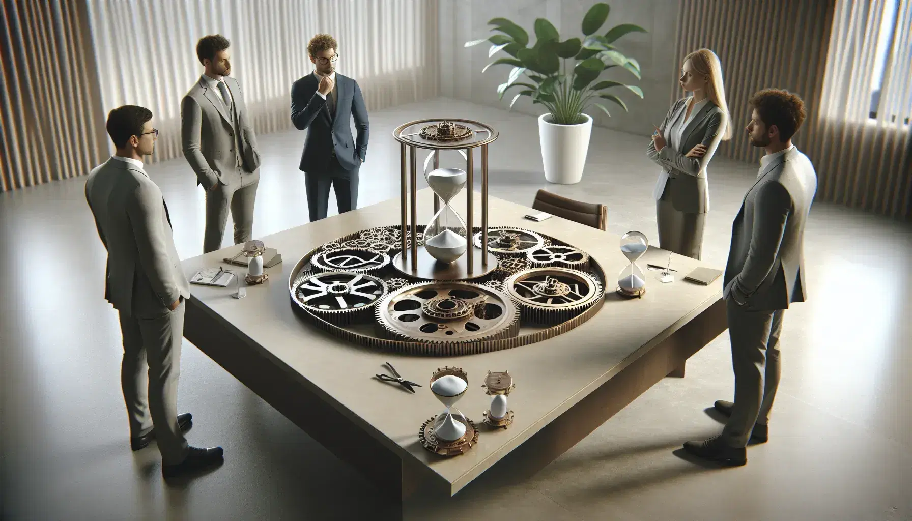 Grupo de cinco profesionales analizando un modelo de engranajes metálicos en una sala de reuniones con reloj de arena y planta verde.